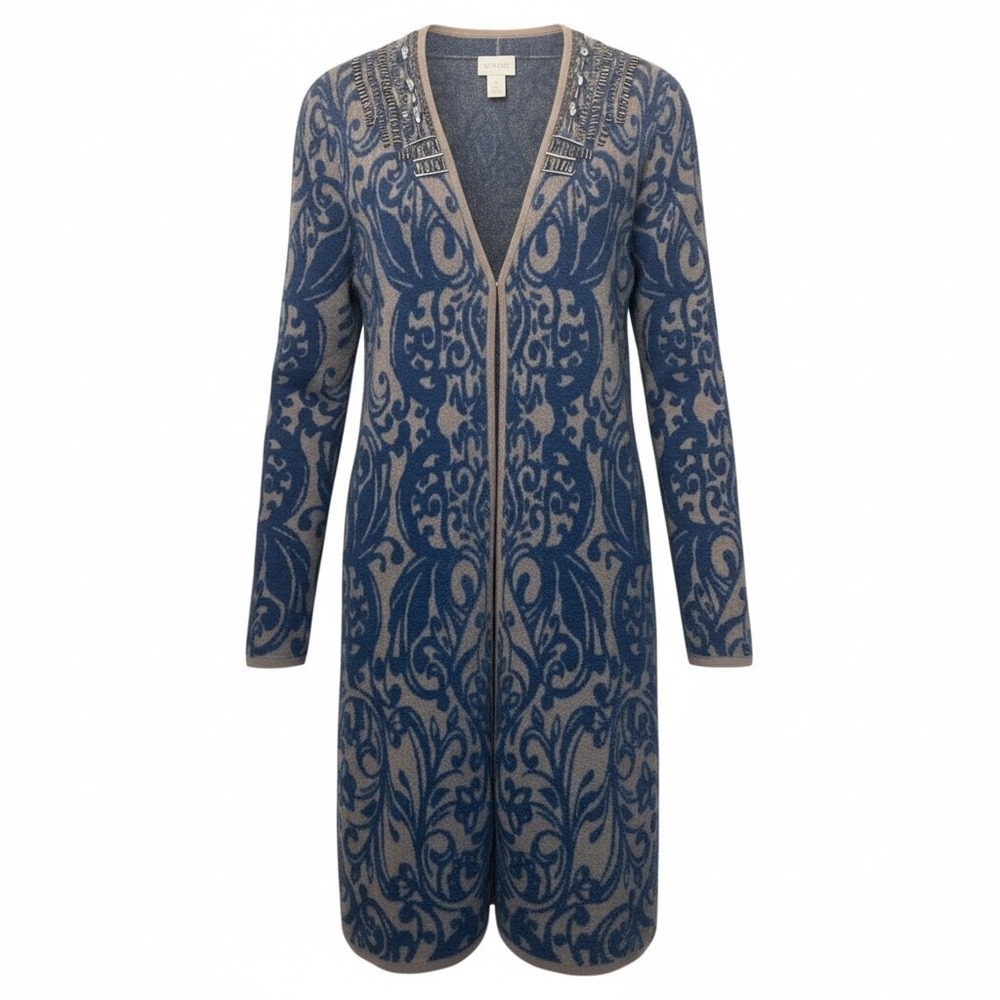 Chicos Beaded‎ Embellished Blue Tan Scroll Pattern Long Cardigan Sweater Size 1